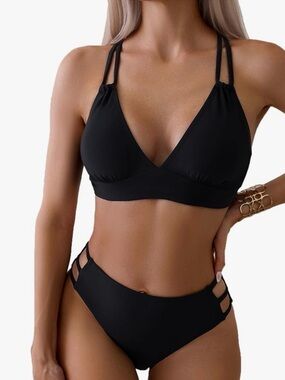 NWT- Fanuerg V Neck Bikini Hollow Out Cut Out Mid Waist Bathing Suit, Blk. Sz L.
